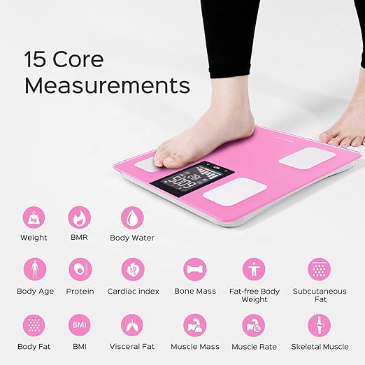 FITDAYS Smart Body Fat Scale, Bluetooth Composition Analyzer, 400lbs (Pink, 11"/280mm)