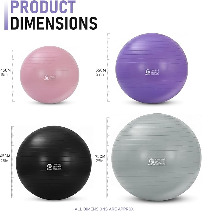 Gruper Yoga and Pilates Ball,4 Sizes 15 inch-30 inch Gym Ball for Fitness, Yoga, Workout, Pregnancy and Physical Therapy,Quick Pump Included,Great as Yoga Ball Chair for Office or Home Gym Equipment