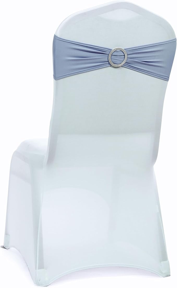 MDS Pack of 200 Spandex Chair Sashes Bows Universal fits Elastic Stretch Chair Bands Ties with Buckle Slider Bow for Wedding Decoration Spandex Slider Sashes Bow - Dusty Blue