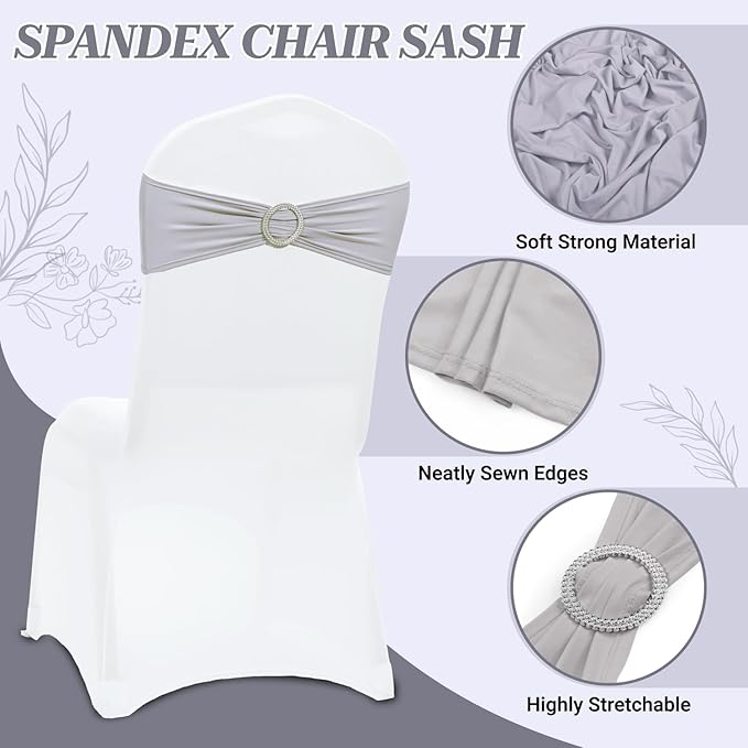 MDS Pack of 125 Spandex Chair Sashes Bow Universal fits Elastic Stretch Chair Bands Ties with Buckle for Wedding Party Banquet Events Decoration Spandex Slider Sashes Bow - Light Silver