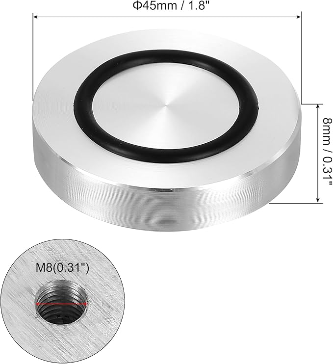 uxcell M8 Thread 45mm / 1.8" Dia 8mm Thick Aluminum Circle Disc Glass Top Adapter 4pcs Round Solid Table Feet Pad Plate Hardware with Anti-Slip Rubber Ring