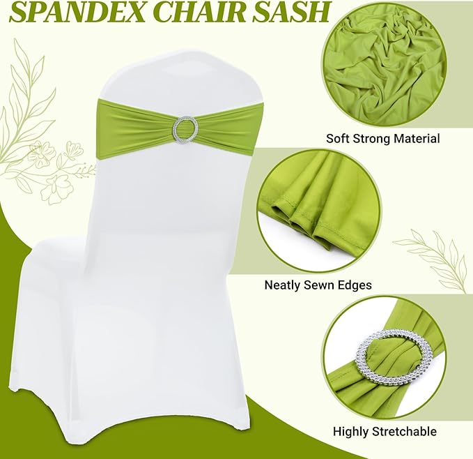 MDS Pack of 10 Spandex Chair Sashes Bow Premium Stretch Chair Cover Band with Buckle Slider Universal fits Elastic Dining Chair Ties for Wedding Party Banquet Events Decoration - Apple Green
