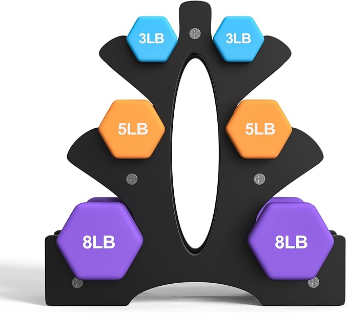 Portzon Weights Dumbbells Set 3, 5, 8, and 10 Pound Neoprene Dumbbell Free Hand Weight Set with Rack, Ideal for Home Exercises, 32 LB, Anti-Slip, Anti-roll, Hex Shape