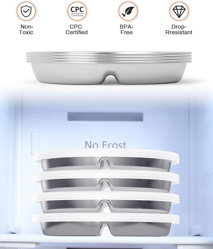 Stainless Steel Kids Plates with Lid 2 Packs, Deepened 9" Portion Control Plate Divided Plate for Adults Bariatric Weight Loss & Diabetic Diet, Non Toxic Unbreakable Toddlers Lunch Dishes