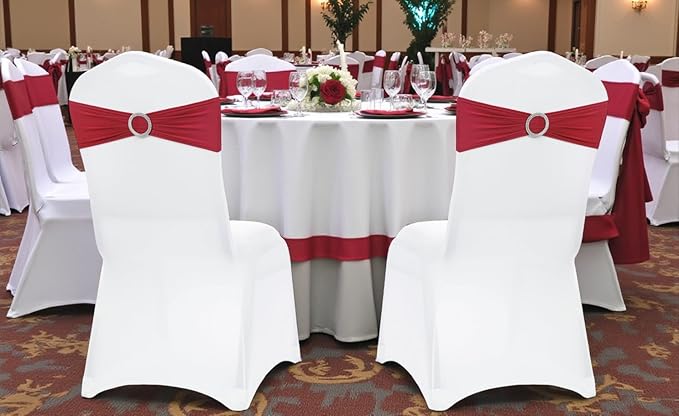 VDS - Apple Red | Spandex Chair Sashes Bows | 150 PCS | Stretch Elastic Banquet Universal Folding Chair Band Tie with Silver Buckle Slider for Wedding Party Conference Celebration Event Decoration