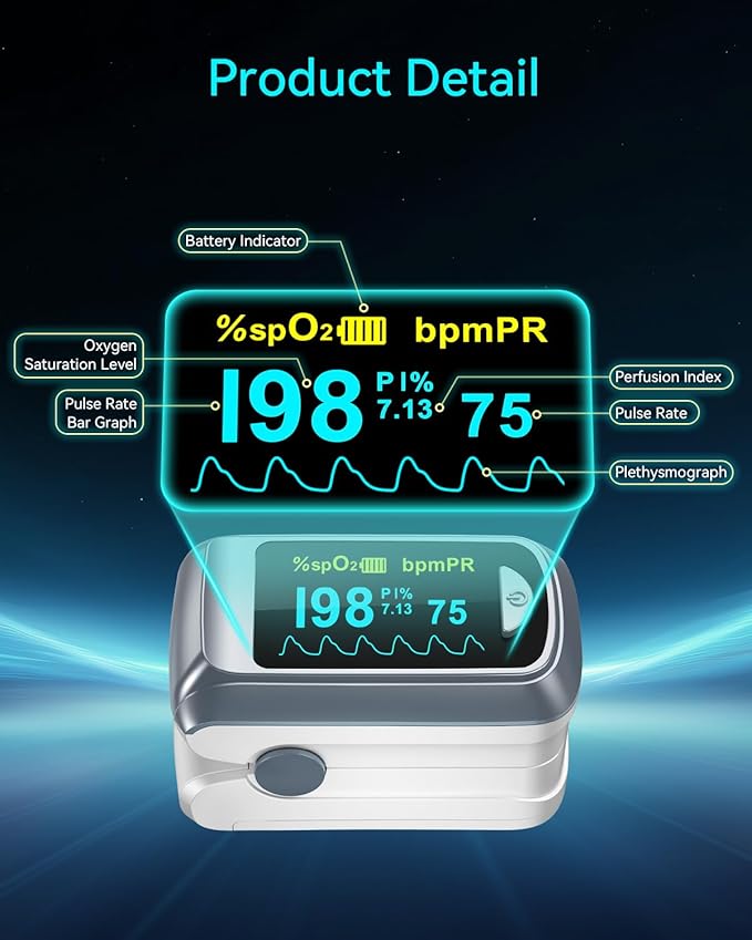 HealthTree JKS50B Fingertip Pulse Oximeter Blood Oxygen Saturation Monitor Pulse Ox, Heart Rate and Fast Spo2 Reading Oxygen Meter with OLED Screen Included Lanyard and 2 X AAA Batteries