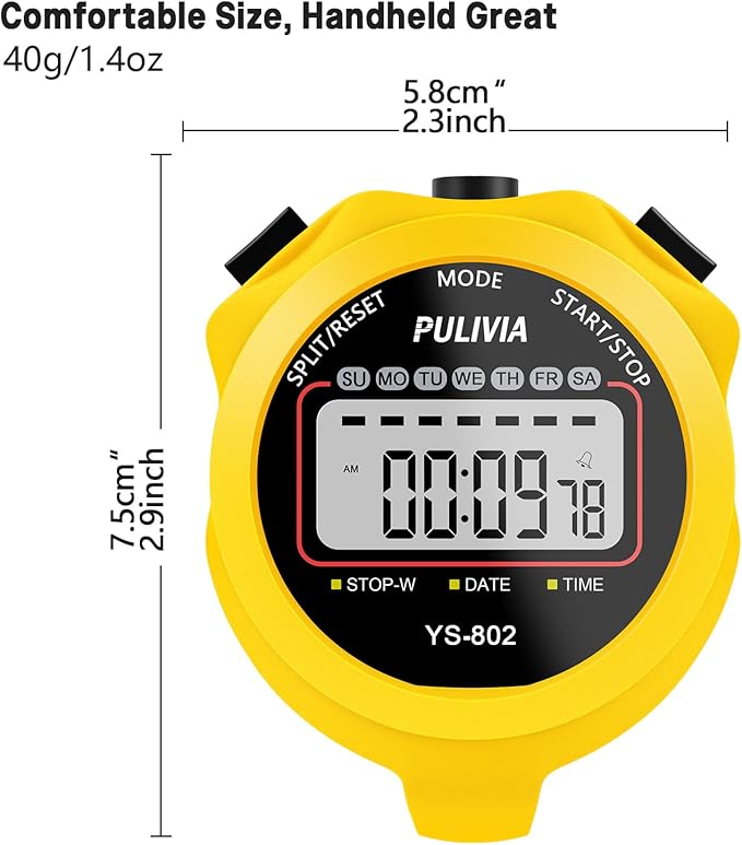 Sports Stopwatch Timer, Single Lap Split Digital Stop Watch for Sports Kids Coaches Swimming Running, Yellow