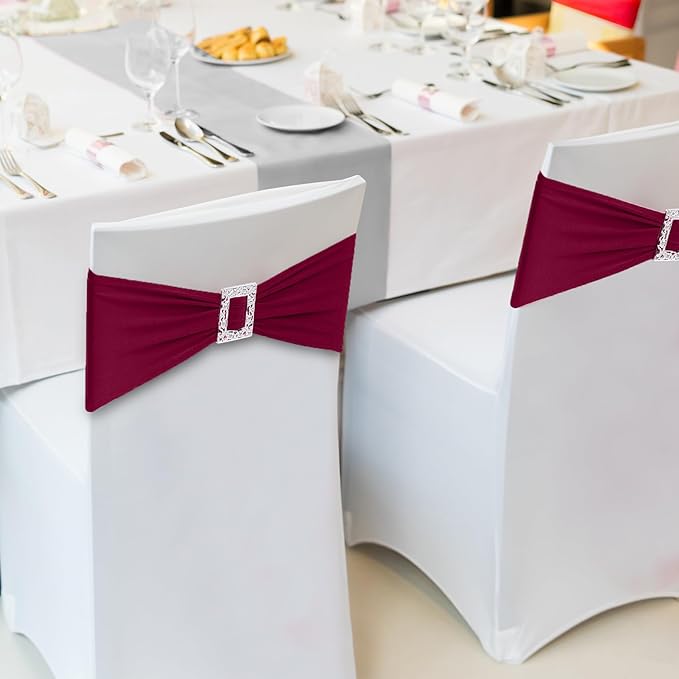 Joccun 30 PCS Spandex Chair Sashes Bows Stretch Chair Cover Band with Buckle Slider Universal Elastic Chair Ties for Wedding Banquet Party Event Decoration (Burgundy)