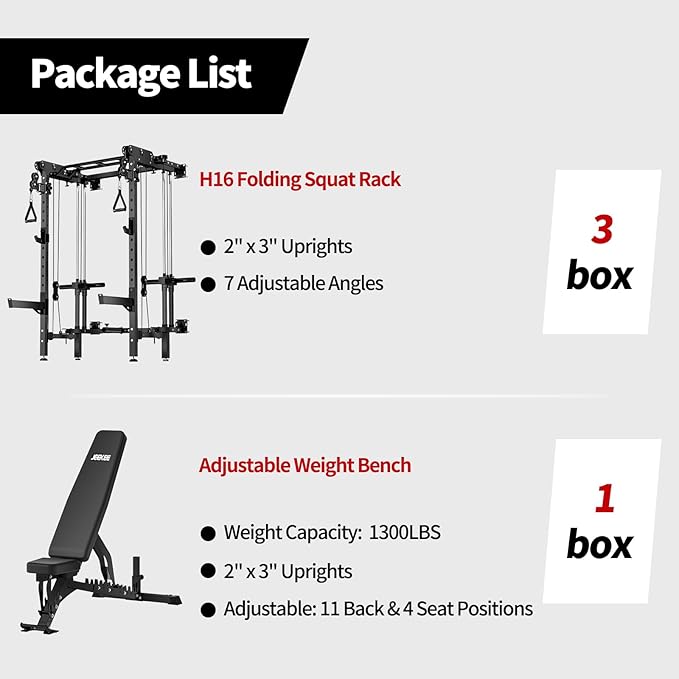 JEEKEE Folding Wall Mounted Power Rack with 180LB Weight Stack, 2400LB 2×3 Heavy Duty Squat Rack, Dual Cable Crossover System 1:1 Ratio, Functional Trainer for Home Gym Small Space,Black