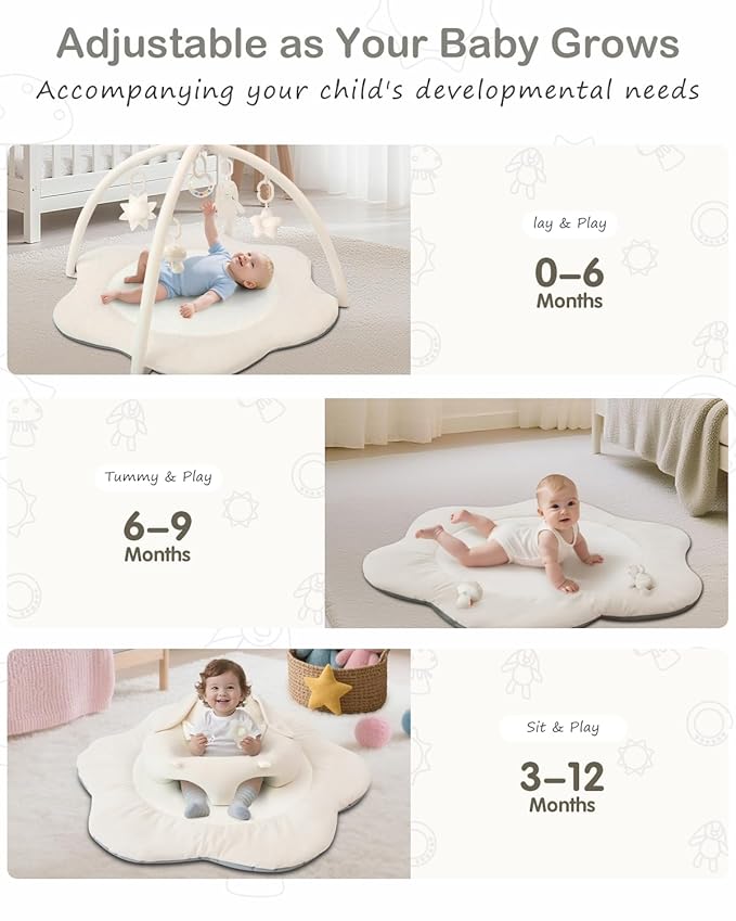 3-in-1 Baby Play Mat, Baby Seats for Infants for Sitting Up, Tummy Time Mat with 5 Detachable Toys, Activity Gym & Playmats for Babies 0-6 6-12 Months, Newborn Babies Shower Gifts