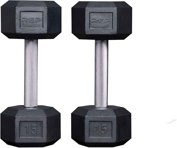 Rep Fitness Rubber Hex Dumbbell(s) - Singles (55LB +) and Pairs (5LB - 50LB) - Low Odor, Fully Knurled Handle