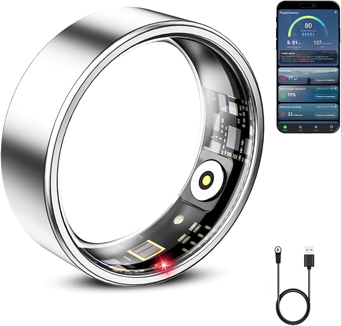 Mirlray Smart Ring for Women & Men, Smart Ring Health Tracker, Blood Oxygen & Heart Rate Monitor, Long Lasting Battery Sleep Ring, Waterproof Fitness Ring (Silver, 11)