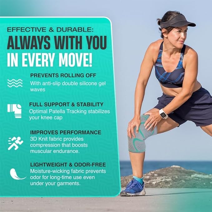 Modvel Compression Knee Brace for Women & Men - 2 Pack Knee Brace for Women Running Knee Pain, Knee Support Sleeve, Workout Sports Braces for Meniscus Tear ACL & Arthritis Pain Relief Grey/Turquoise Medium