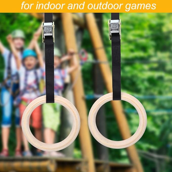 Topyond Wood Gymnastic Rings with Adjustable Straps, Olympic Rings 25mm for Gym, Workout, Exercise, Outdoor Training, Quick Install Carabiner, Can Hold up to 220lbs, 14.8 Ft. Strap