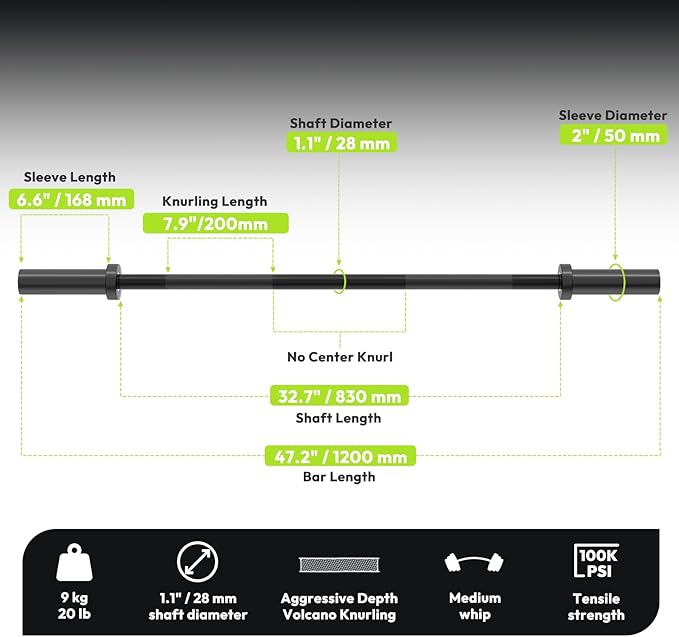 Olympic Barbell 4 ft/5 ft/6 ft/6.5ft/7 ft, 2 Inch Straight Womens Bars, Weight Bar for Strength Training, Weightlifting, Squat, Hip Thrust, Bench Press, Deadlift, 500 lb - 1000 lb Capacity