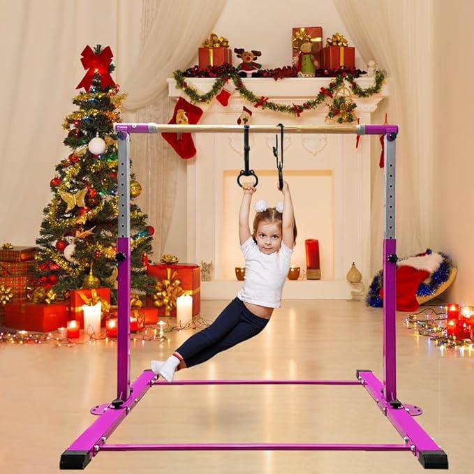 Gymnastics Bar for Kids Girls Ages 3-15 with Ring for Home Indoor Training Equipment- Steady Steel Construction, Anti-Slip, Easy to Assemble, 3' to 5' Adjustable Height