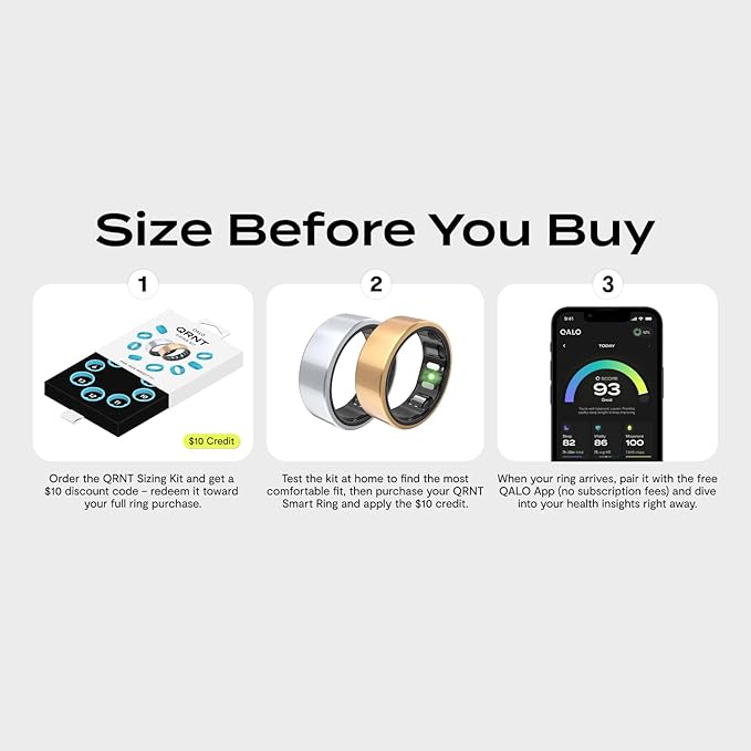 QALO QRNT Slim Smart Ring – Snug Fit – Size Up – Water-Resistant Titanium Fitness Tracker, Tracking for Sleep, Steps, HRV, Women’s Health, No Subscription Fee, iOS & Android Compatible (Gold, 11)