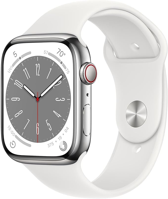 Apple Watch Series 8 (GPS + Cellular, 41mm) - Silver Stainless Steel Case with White Sport Band M/L (Renewed)