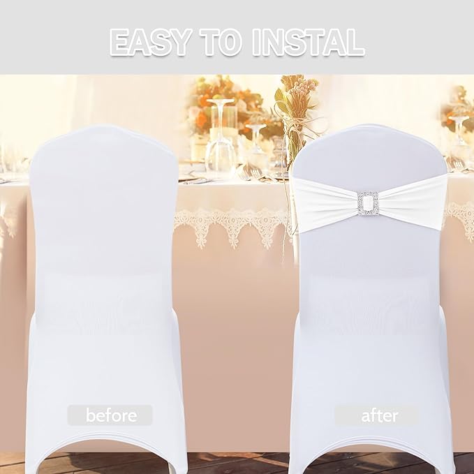 Joccun 60 PCS Spandex Chair Sashes Bows Stretch Chair Cover Band with Buckle Slider Universal Elastic Chair Ties for Wedding Banquet Party Event Decoration (White)
