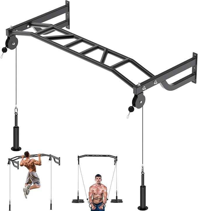 SELEWARE 48'' Heavy Duty Pull Up Bar Wall Mount Multi-function Chin up Bar with Home Gym Cable Pulley System LAT Pulldown Workout Attachments Heavy Bag Hanger