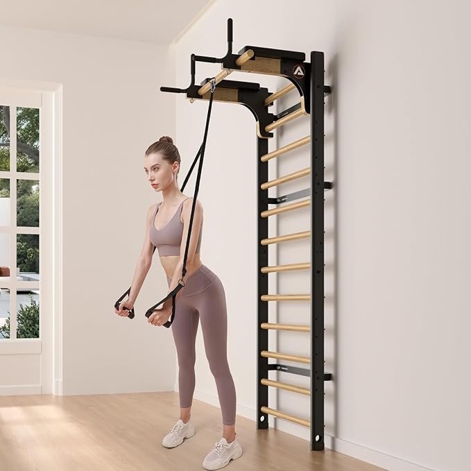 Swedish Ladder Pro, Wood Stall Bar with Push-Through Bar, Adjustable Pull-Up Dip Bar for Adults and Kids, Accessories Bundle, Spring, for Home, School, Physical Therapy and Gymnastics