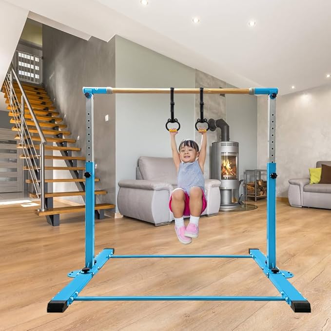 Gymnastics Bar for Kids Girls Ages 3-15 with Ring for Home Indoor Training Equipment- Steady Steel Construction, Anti-Slip, Easy to Assemble, 3' to 5' Adjustable Height