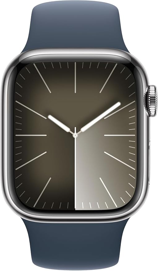 Apple Watch Series 9 [GPS + Cellular 41mm] Smartwatch with Silver Stainless Steel Case with Storm Blue Sport Band S/M. Fitness Tracker, ECG Apps, Always-On Retina Display