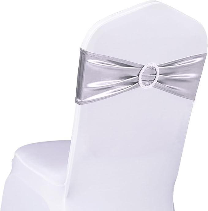 Pack of 100 Spandex Metallic Silver Chair Sashes for Wedding Stretch Chair Bands with Buckles Slider Bows Party Birthday Bridal Shower Engagement Anniversary Christmas Event Decor