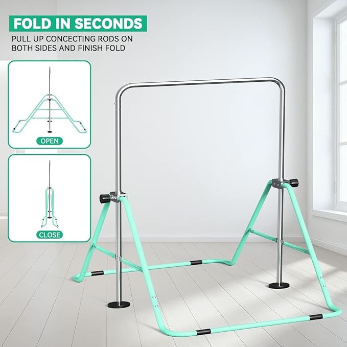 FBSPORT Gymnastics Bar for Kids with Rings,Adjustable Height Gymnastic Horizontal Bars Junior Training Bar Children Folding Training Monkey Bars for Home Using