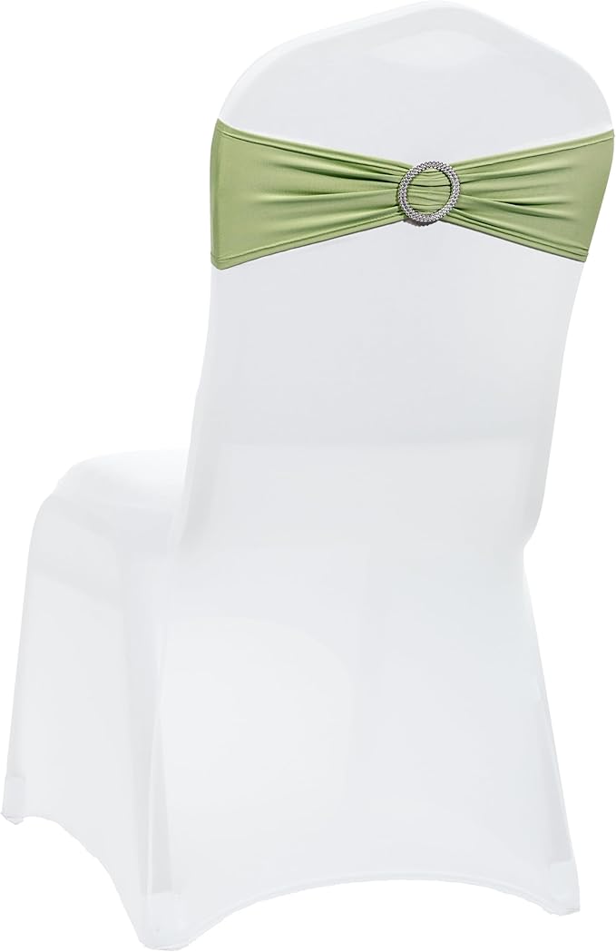 VDS - Sage Green | Spandex Chair Sashes Bows | 150 PCS | Stretch Elastic Banquet Universal Folding Chair Band Tie with Silver Buckle Slider for Wedding Party Conference Celebration Event Decoration