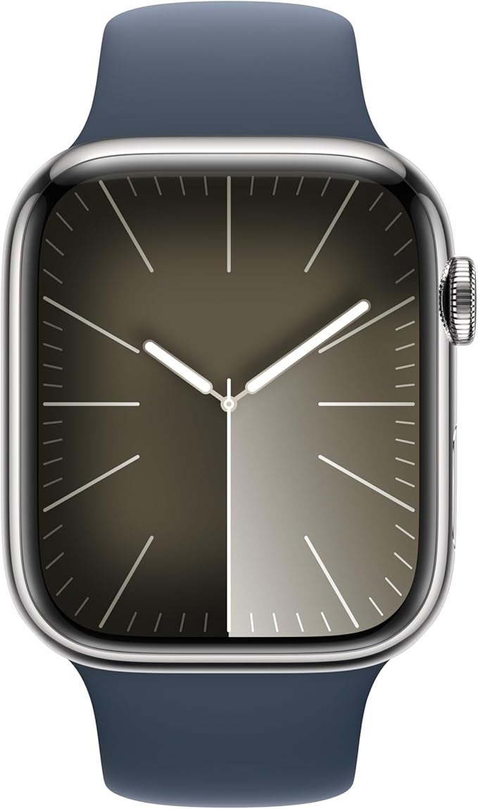 Apple Watch Series 9 [GPS + Cellular 45mm] Smartwatch with Silver Stainless Steel Case with Storm Blue Sport Band M/L. Fitness Tracker, Blood Oxygen & ECG Apps, Always-On Retina Display