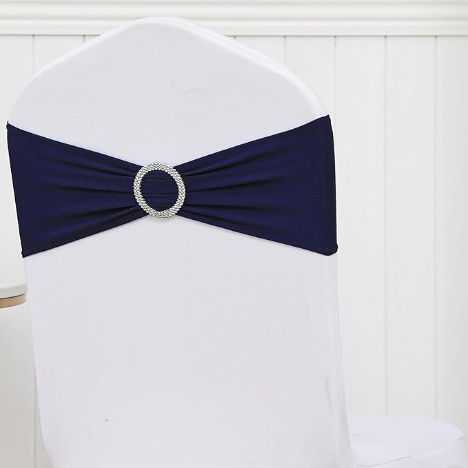 50 Pack Spandex Navy Blue Chair Sashes for Wedding Stretch Chair Bands with Buckles Universal Elastic Chair Ties Bows for Party Folding Chairs Celebration Ceremony Events Decorations