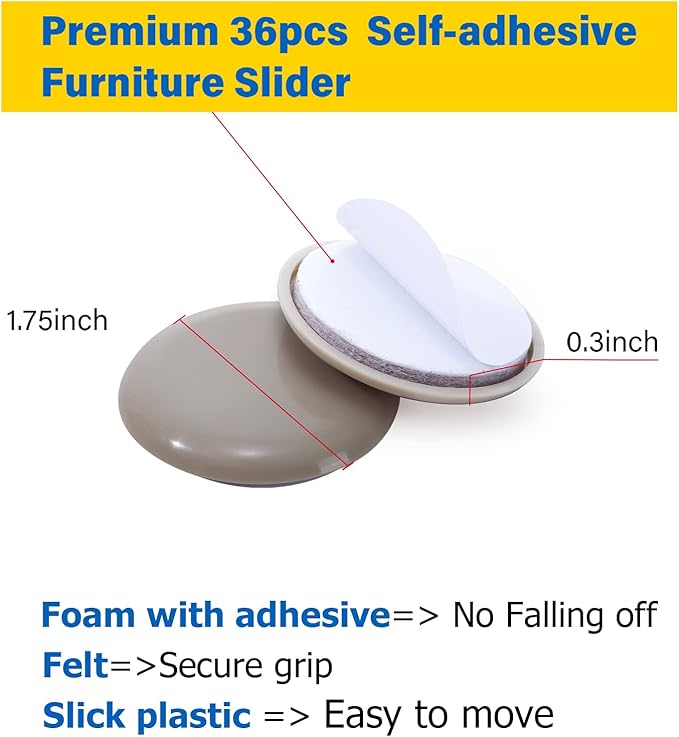 Self-Adhesive Furniture Sliders for Carpets, Furniture Moving Pads (36Pcs) 1-3/4" Furniture Mover Glides, Self Sticks Carpet Furniture Carrier - Move Any Item Quickly and Easily!