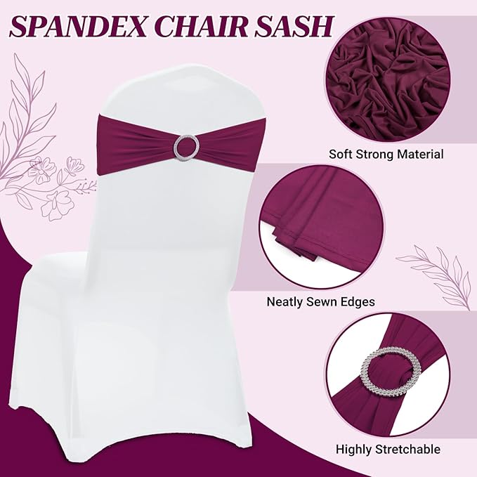 MDS Pack of 10 Spandex Chair Sashes Bow Premium Stretch Chair Cover Band with Buckle Slider Universal fits Elastic Dining Chair Ties for Wedding Party Banquet Events Decoration - Eggplant