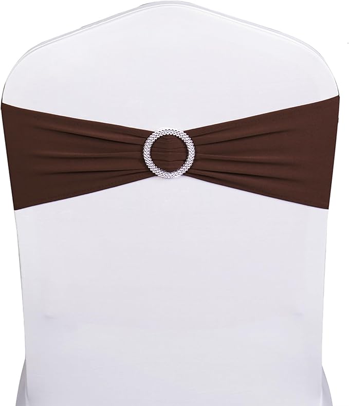 Pack of 50 Spandex Chocolate Brown Chair Sashes for Wedding Dark Brown Chair Bows Sashes Bands Buckles Fitting Birthday Party Ceremony Bridal Baby Shower Decorations