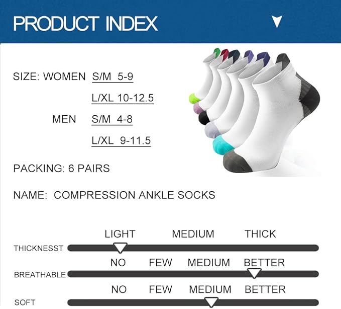 Copper Compression Socks Women and Men 6 Pairs - Circulation Arch Support Plantar Fasciitis Running Ankle Socks