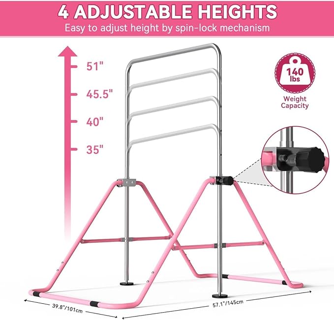 FBSPORT Gymnastics Bar for Kids with Rings,Adjustable Height Gymnastic Horizontal Bars Junior Training Bar Children Folding Training Monkey Bars for Home Using