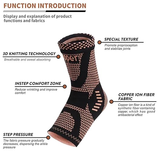Copper Ankle Brace Copper Infused Support for Men & Women (Pair), Best Ankle Compression Sleeve Socks for Plantar Fasciitis, Sprained Ankle, Achilles Tendon, Pain Relief, Recovery, Sports