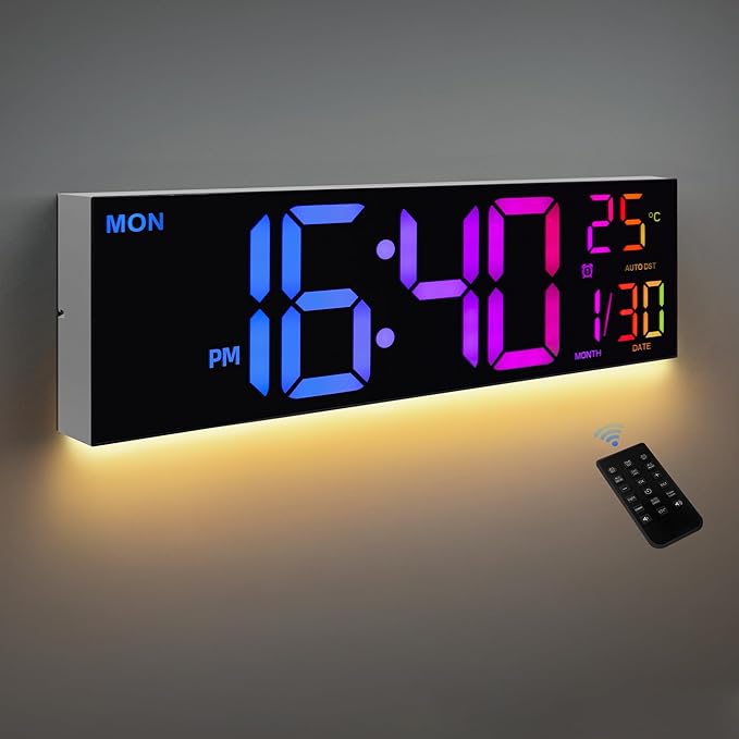 HAITANG 8 Colors Digital Wall Clock, 16.2" Large Digital Clock with Temperature, Date, Auto DST, Night Light, Auto Brightness Dimmer, 24/12-hour Wall Clock for Living Room Office Classroom Gym