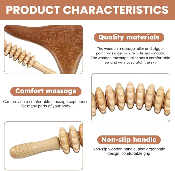Wooden Massage Roller Stick with Triangle Massager, 12 Rollers Curved Wood Therapy-Massage Tool for Cellulite Reduction and Muscle Tension, 16.9inch
