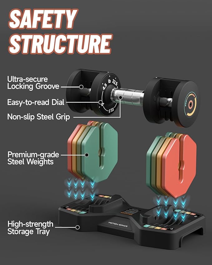 Adjustable Dumbbells Set 22.5LB Pair, 1-Sec Fast Adjustable 5 Free Weights, Premium Comfort Non-slip Metal Handle, Compact Size for Full Body Home Workout