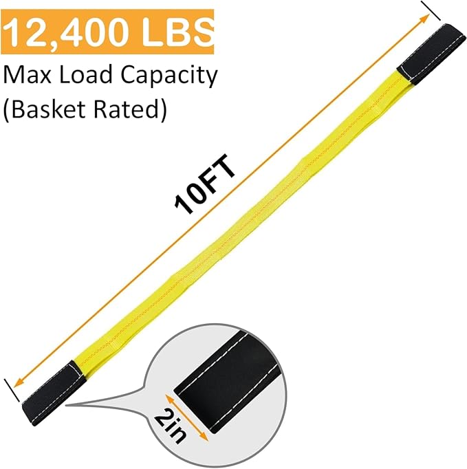 Trekassy 2 Pack 10' x 2" Lifting Sling Straps, 10ft Lifting Straps with 12,400lbs Max Basket Rated Capacity, Heavy Duty Nylon Tree Saver Recovery Strap Web