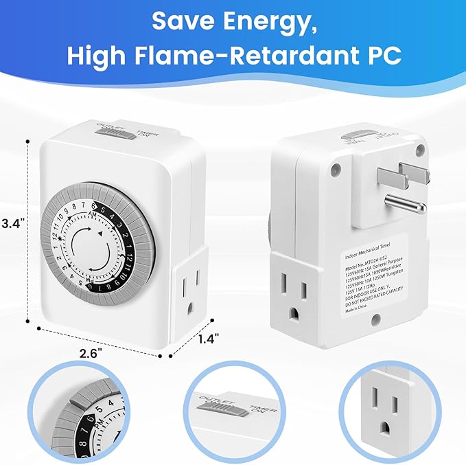 Outlet Timer,Timers for Electrical Outlets Indoor with 3-Prong Dual Outlet,24-Hour 30 Minute Daily On/Off Cycle, Plug-in Mechanical Timers for Christmas Lights, Lamps, Grow Light (3-Pack)