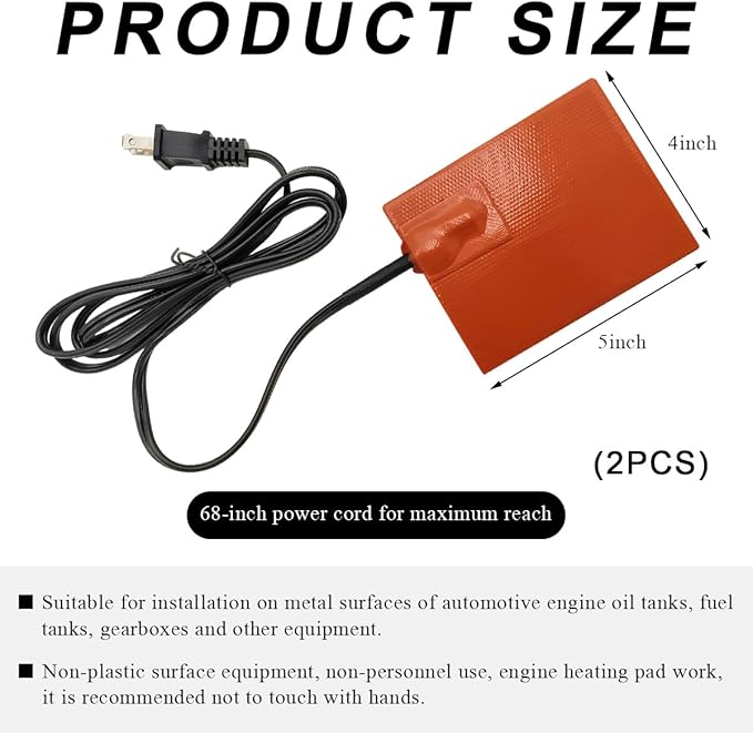 DXNQ 2 PCS Car Engine Heater Pad, 4"×5" Silicone Car Heating Pad with 68" Long Power Cord, 120V 150W Self-Adhesive Oil Pan Heater Pad for Metal Surface, Car Engine Heater Accessories