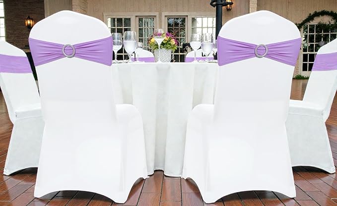 MDS Pack of 200 Spandex Chair Sashes Bows Universal fits Elastic Stretch Chair Bands Ties with Buckle Slider Bow for Wedding Decoration Spandex Slider Sashes Bow - Lavender