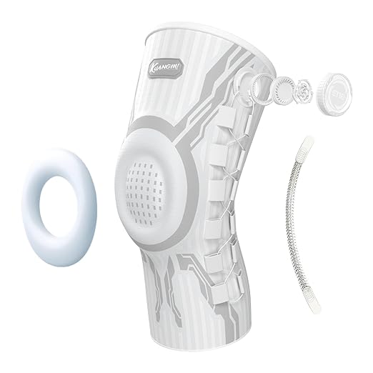 Kuangmi Knob Knee Brace for Pain Relief, Knee Support with Patella Gel Pad & Side Stabilizers, Compression Knee Sleeve for Workout, Arthritis, Joint Pain, Meniscus Tear (White,Left,Medium,Single)