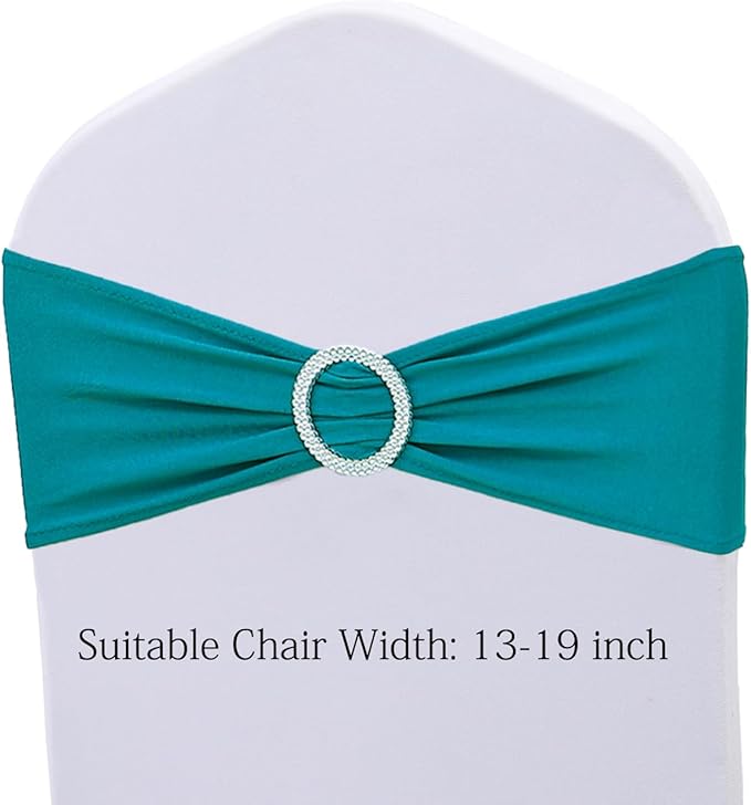 Stretch Spandex Dark Turquoise Chair Sashes Bows 50 Pack Universal Chair Bands with Silver Buckle for Wedding Party Engagement Banquets Bridal Shower Events Decorations