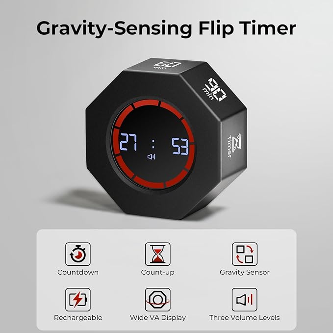Small Rechargeable Pomodoro Timer, Gravity Sensor Auto-Rotating 7 Preset Times (1/3/5/15/30/60/90 min) & Count Up Mode, Digital Kitchen Timers for Cooking, Work and Study (Space Gray)