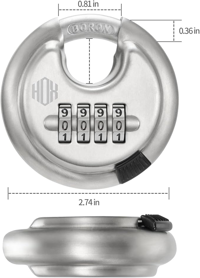 HOX Boron Shackle Combination Disc Lock, 70mm Stainless Steel Body, Heavy-Duty Weather-Resistant and Anti-Cut Padlock for Storage Units, Garages, Sliding Doors, and Cabinets (4 Pack)