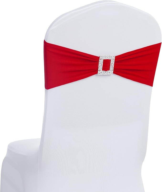Joccun 120 PCS Spandex Chair Sashes Bows Stretch Chair Cover Band with Buckle Slider Universal Elastic Chair Ties for Wedding Banquet Party Event Decoration (Ruby)